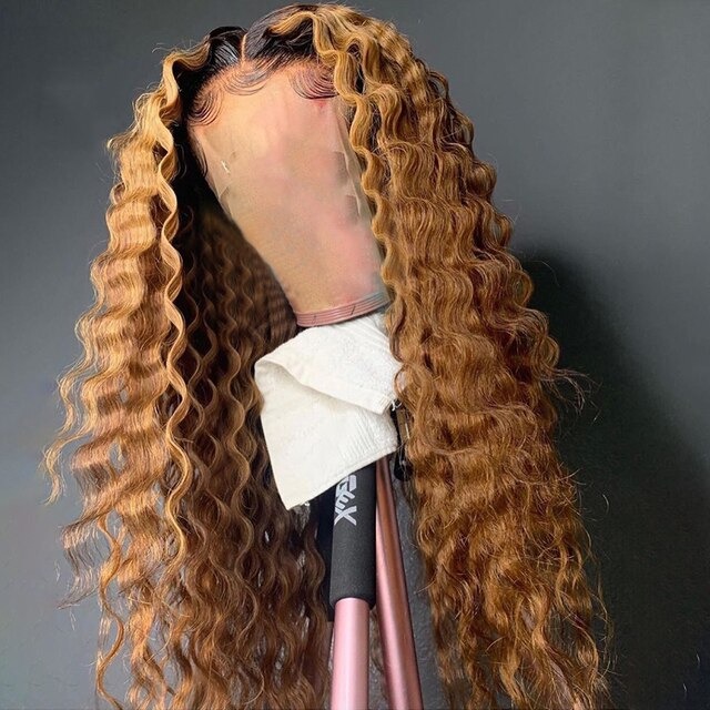 LONG CURLY DEEP WAVE LACED WIG WITH PRE PLUCKED BABY HAIR-BLACK MIXED WITH  BLONDE 