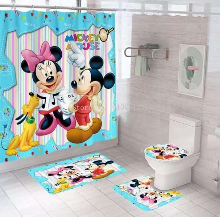 4pcs Shower Curtain And Bathmats Set, Pink Minnie Mouse Shower Curtain Set Up
